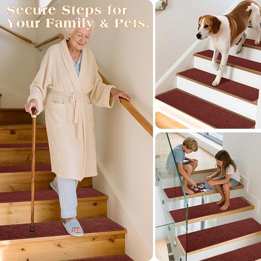 Stair Treads for Wooden Steps 4 PCS, Non Slip Stair Rugs Red | 8x30in Self-adhesive Stair Runner Strips, Machine Washable, Indoor Carpet for Stairs, Stair Protection for Kids Pets Elderly
