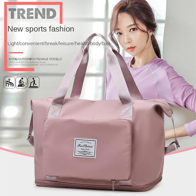 Large Capacity Folding Travel Bag, Lightweight Waterproof Luggage Bag, Expandable Travel Duffel Bag, Dry Wet Separated Gym Tote Bag, Weekender Overnight Bags for Women and Man (Pink)