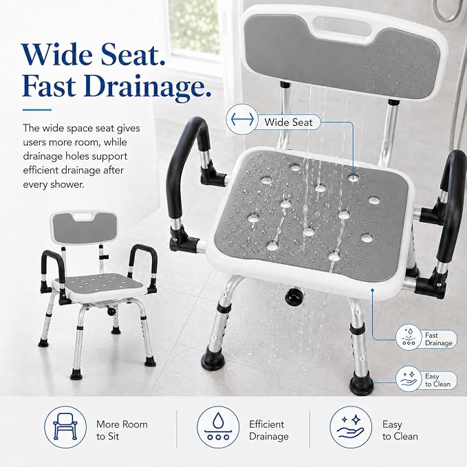 Deluxe Swivel Shower Chair with Arms & Back by CZMY, 360° Locking Seat, 5-Level Height Adjustable, Padded Heavy-Duty Bath Chair, 300 lbs, for Seniors, Elderly, & Disabled (Grey with Flip-Up Arms)