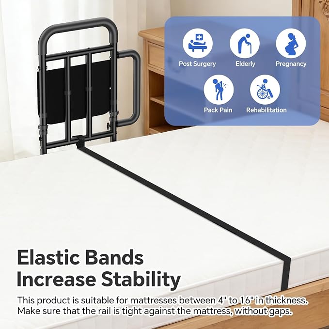Bed Rails for Elderly Adults Safety with Non-Slip Handle，Adjustable Bed Assist Rail, ASTM Approved, 400 lb Capacity, Fixing Strap & Storage Pocket, Fits Twin/Full/Queen/King