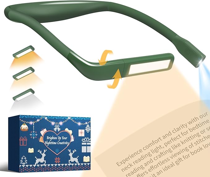 Neck Reading Light, Book Light for Reading in Bed, Eye-friendly Wide Reading Lamp, Bendable Arms & 2 Bright Lights, Rechargeable Booklight Stepless Dimming, Book Lover Gifts Knitting Crochet Craft