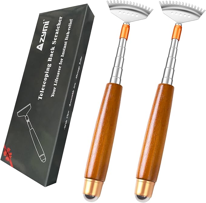 2 Pcs Back Scratchers, Telescoping Back Scratcher for Women Men Extendable with Wooden Handle-Massage Roller-Steel Claw, Portable Back Massager for Head Scalp Face Scratch