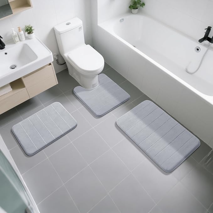 Yimobra Memory Foam Bath Mat, Super Soft Absorbent Bathroom Rug Non Slip 31.5x20 Inch, Quick Dry, Machine Washable Floor Carpet for Tub Shower, Home Decor Accessories, Silver