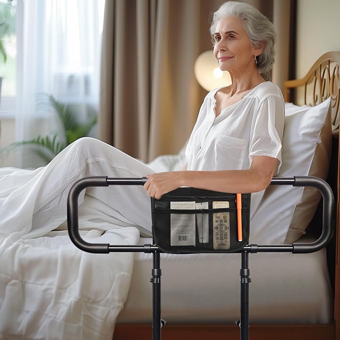 AOHHL Bed Rails for Elderly Adults Safety with Adjustable Heights Storage Pocket Assist Support Side Railings for Seniors Citizens Slides Under Mattressbed Cane Bed Guard Bed Handles Bars (Black)