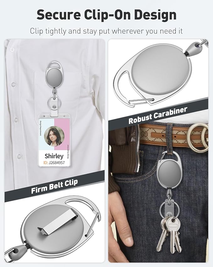 Uniclife 2 Pack Retractable Keychain, Retractable Badge Reel, Heavy Duty Badge Holder Clip for Keys and ID Card, Key Chain Extender with Carabiner Belt Clip and Key Ring, Light Grey