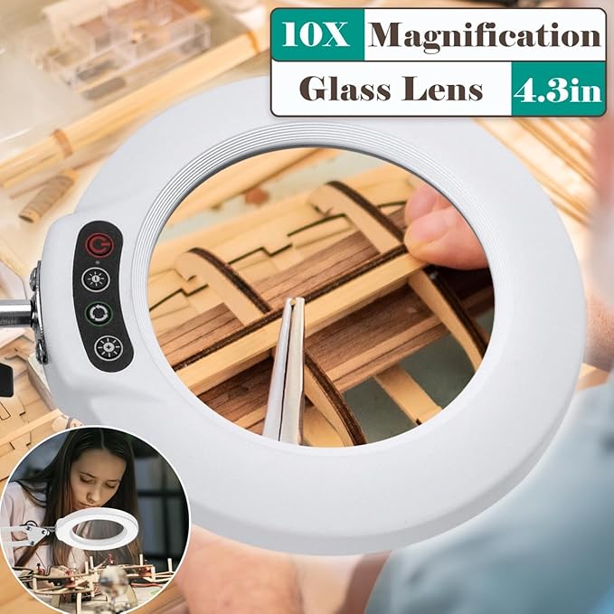 10X Magnifying Glass with Light and Stand, 5 Color Modes Stepless Dimmable 2-in-1 Desk Lamp with Clamp, Hands Free LED Lighted Magnifier with Light for Craft Hobby Painting Reading Close Works - White