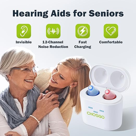 CHOSGO OTC Rechargeable Hearing Aids for Seniors, 12-Channel Digital Hearing Amplifiers with Noise Cancellation, Invisible CIC Design with Anti-Misoperation Volume Control, Red Blue