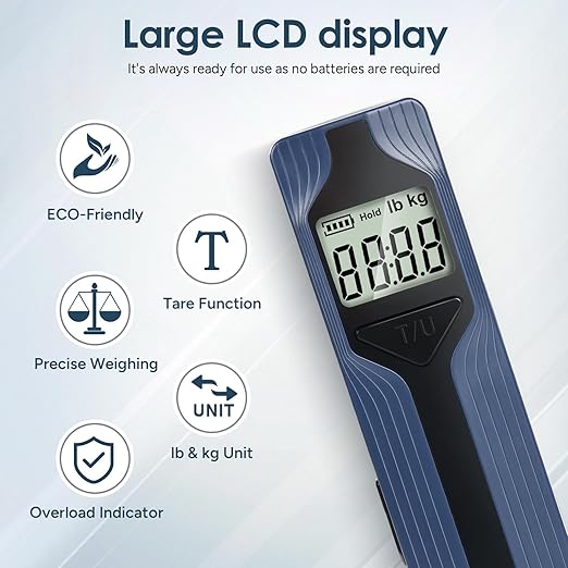 Battery-Free Luggage Scale – No Batteries Needed, Portable Digital Hanging Suitcase Weight Scale for Air Travel & Checked Bags, 110lb/50kg, LCD Display, Compact Travel Accessory