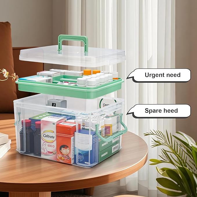 2 Pack Clear Medicine Organizer Storage Box with Handle & Tray - Thickened Plastic Empty First Aid Box, Multipurpose Medical Container with Lids/Labels, Medication Caddy for Home, Baby, Elderly, Dorm