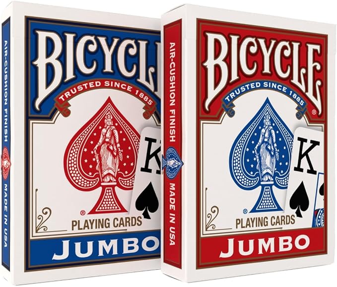 Bicycle Jumbo Index Playing Cards 12 Pack Large Print Poker Size | Air Cushion Finish, Red and blue backs, Made in USA, Easy-to-read suits and numbers for all ages