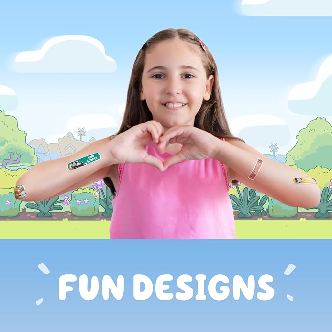 Dr. Bluey Kids Bandages, 3 Assorted Sizes 100 CT | Wear Like Stickers, Flexible Adhesive Bandages for Minor Cuts, Scrapes, and Burns. Great Gift idea for Kids
