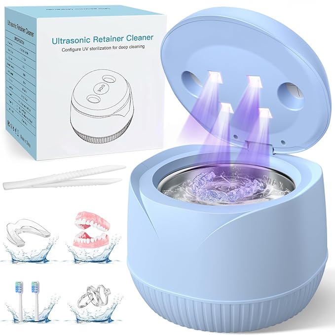Dental Ultrasonic Retainer Cleaner Machine - Dental Cleaning Pod for Denture, Mouth Guard, Aligner, Night Guard, Braces, Toothbrush Heads, Jewelry, 45kHz Retainer Cleaner with Digital Timer & 200ML