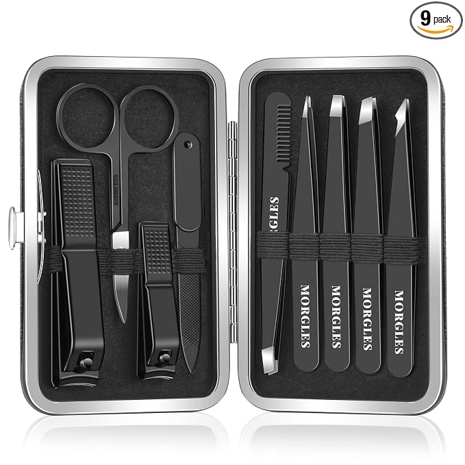 MORGLES Tweezers Set for Men 9 Pcs Nail Clipper Kit with Case for Grooming | 5 Tweezers, Clippers, Scissors, Rust-Proof Steel, Travel Press-On Case, for Splinters, Brows, Hair Removal