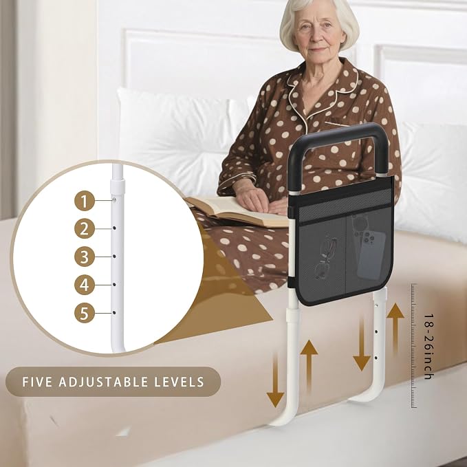 Bed Rails for Elderly Adults Safety, Bed Handle Bedside Assist, Adult Bed Rails for Seniors, Adjustable Bed Bar with Storage Pocket & Fixing Strap, Bed Cane Fits Twin, Queen, Full, King Bed