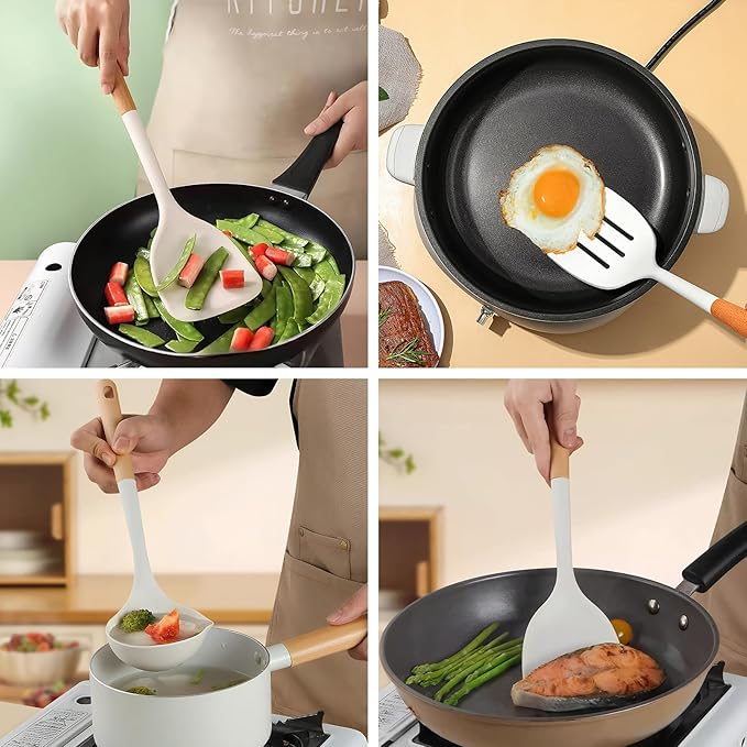 Silicone Cooking Utensils Set 5 Pcs Large Non-Stick Kitchen Utensils Set, Wooden Handle Heat Resistance Turner Soup Ladle Spoon Silicone Cooking Kitchen Gadgets BPA Free for Nonstick Cookware