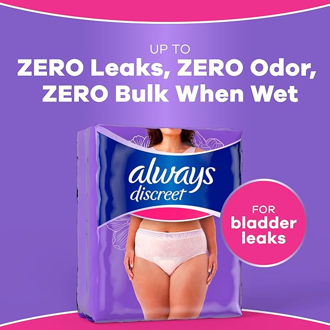 Always Discreet Reimagined Adult Diapers for Women, Maximum Absorbency Incontinence and Postpartum Underwear Size XL/XXL, Up to 100% Leak Free Bladder Leak Protection, 11 Count