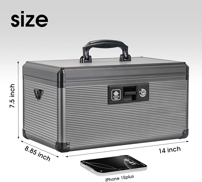 Medicine Lock Box with Key, Alluminum Alloy Box for Medication,First Aid Box with a Removeable Tray to Store Medicines & Pills for Home, Black, 14 * 8.46 * 7.48 Inch