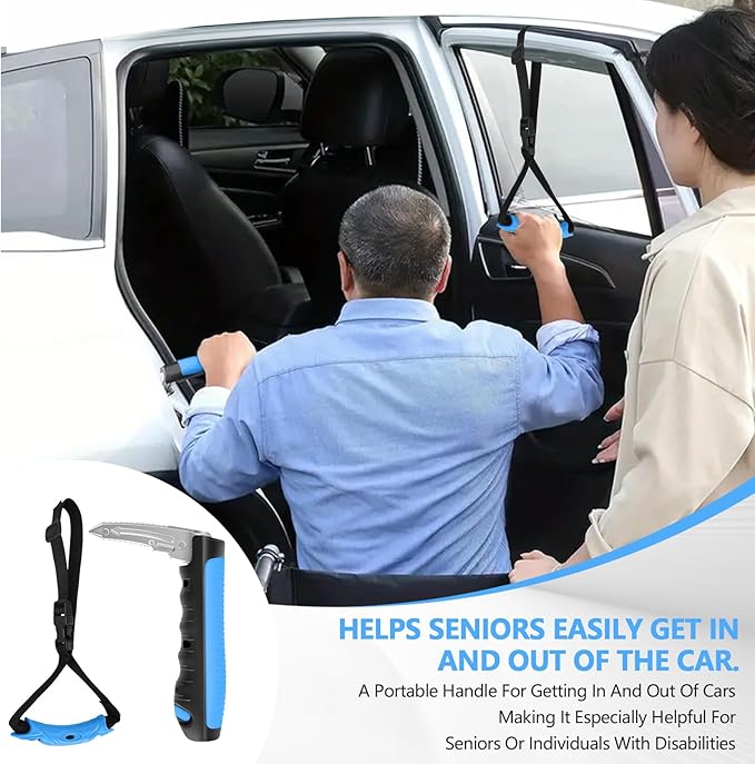 Car Door Handle for Elderly - 2025 New 3-in-1 Car Handle Assist, 2 Pack Auto Cane Portable Vehicle Support Handle Door Assist Bar, Max Load 500 Lbs, Anti-Slip Design (Blue-Car Handle +Strap)