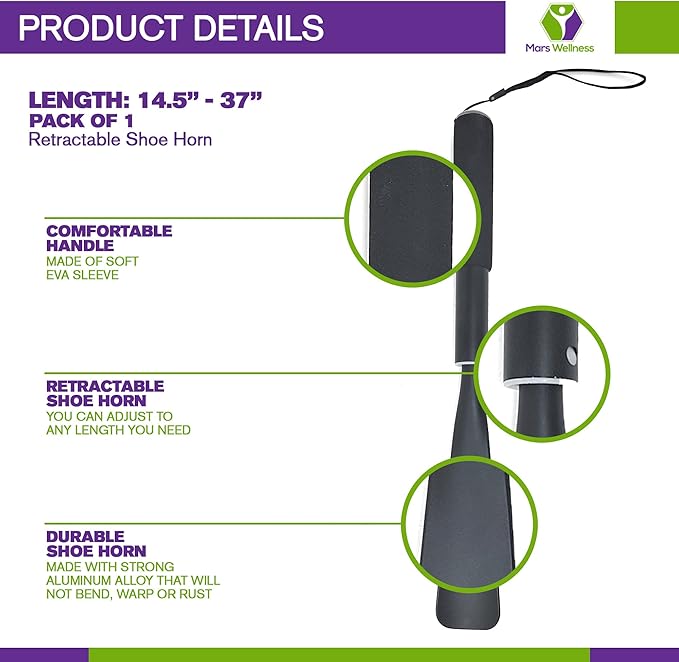 MARS WELLNESS Extended Shoe Horn with Extra Long Handle for Seniors - 14.5" to 37" Retractable Metal Shoe Horn - Soft Grip, Travel Friendly, Collapsible Aluminum Hip Kit - Great Gift for Elders