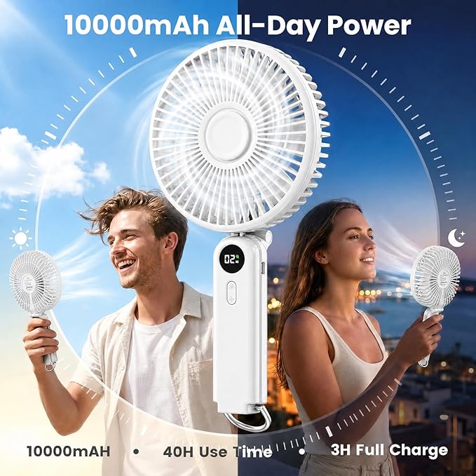 Portable Handheld Fan, 10000mAh Rechargeable 6-Inch Personal Fan for Travel | Ultra Quiet Foldable Desk Fan, 5-Speed Battery Operated Fan with Up to 40H Runtime and Digital Display for Travel and Makeup