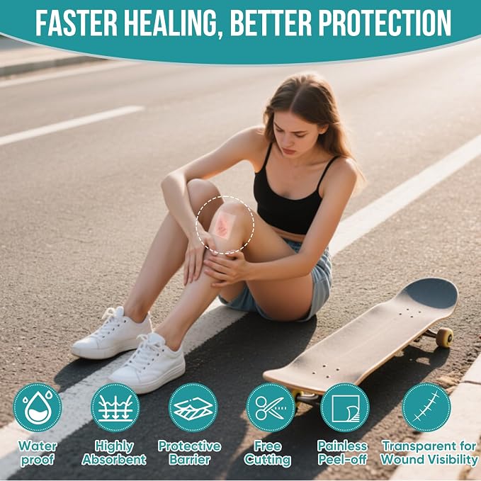 Hydrocolloid Roll for Wound Care, Hydrocolloid Patch Bandages with Self-Adhesive, Bed Sore Bandages, Highly Absorbent & Waterproof for Burn, Blister, Acne Care, First Aid Kit Essential (2in x 12ft)