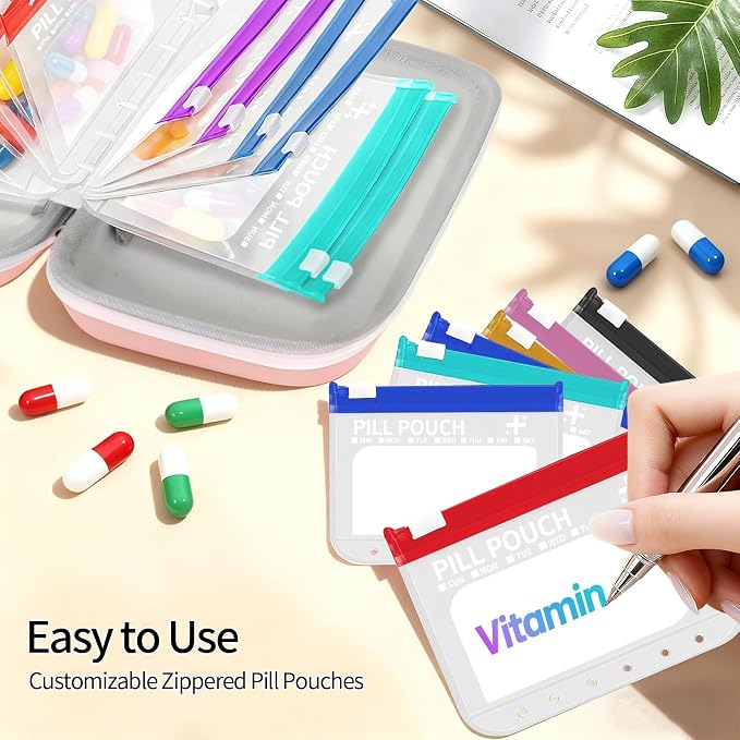 Extra Large Weekly Waterproof Pill Organizer Set, Reusable Pill Bags with 14 Coded AM PM Pouches for Home and Travel, 7 Day Portable Medicine Pill Case for Fish Oils, Vitamins (Pink)