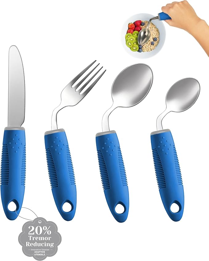 4-Piece Adaptive Utensils Set - 42°Angled Parkinsons Utensils, Weighted Utensils for Tremors and Parkinsons Patients, Blue (Left-Handed)