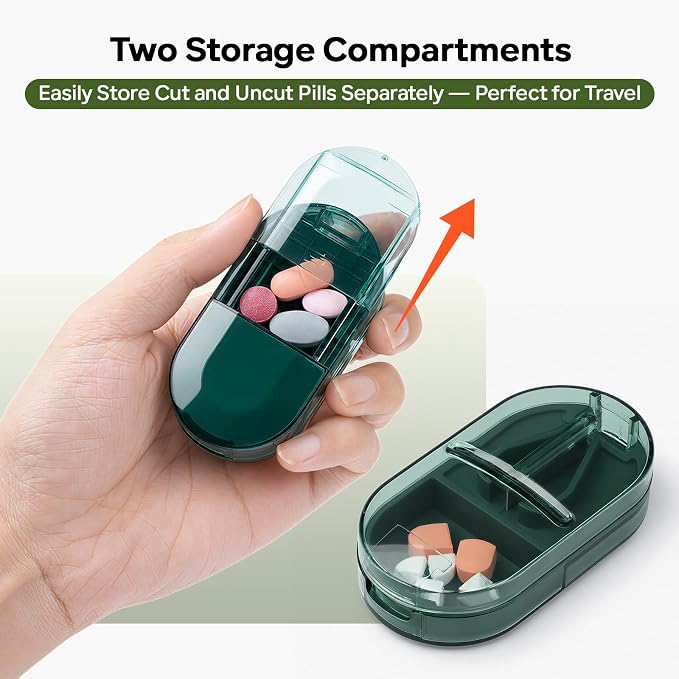 Pill Cutter Splitter with Precise Cutting for Large, Small & Tiny Pills | with Removable Silicone Pad, Easy-Cut Stainless Steel Blade for Tablets, Vitamins, Medication, Portable, Compact Size, Green