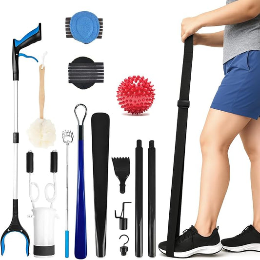 10 Piece Hip Kit for Seniors – Recovery Kit with Reacher Grabber, Sock Helper, Dressing Stick, Shoehorn, Loofah, Back Scratcher, Leg Lifter and Massage Ball – Ideal for Hip or Knee Surgery Recovery
