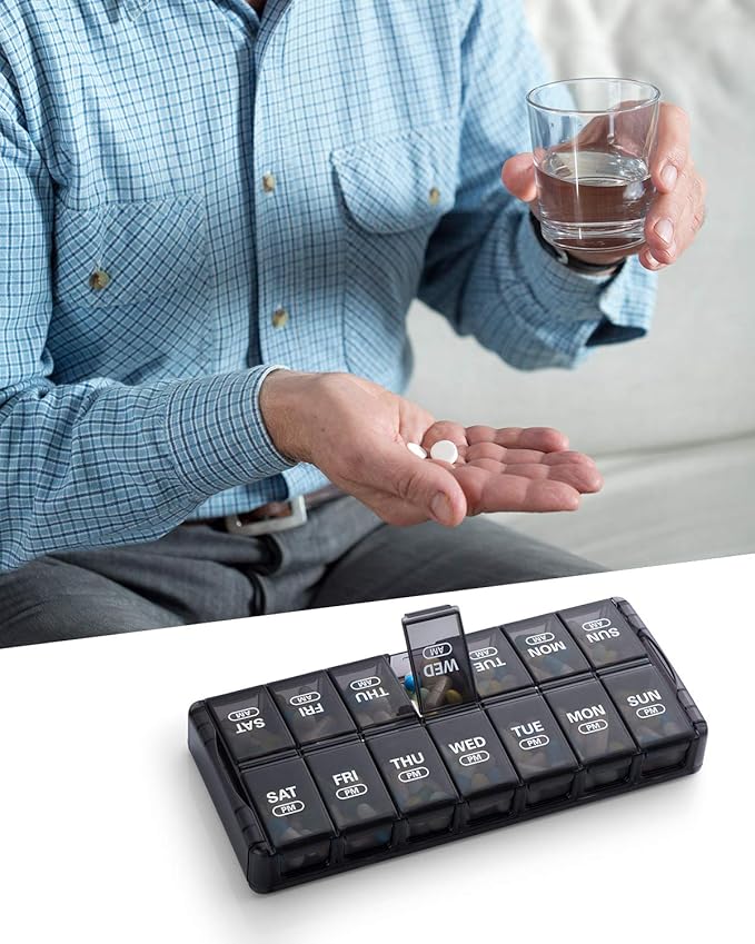 Sukuos Weekly Pill Organizer 7 Day 2 Times a Day, Quick Fill Daily Pill Box (AM PM), Extra Large Pill Cases for Vitamin/Fish Oil/Supplements, Arthritis Friendly, Easy to Clean