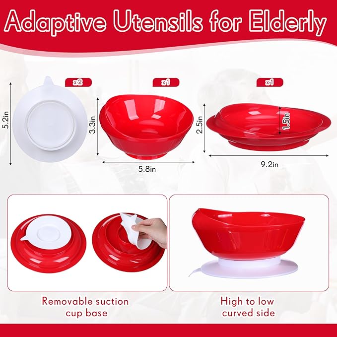 6 Pcs Adaptive Utensil with Bib Bowl Plate Set Weight Cutlery Gift for Christmas Elderly Disabled Arthritis Parkinson(Red)