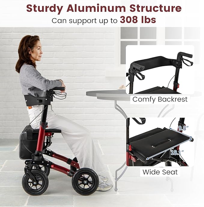 Goplus Walkers for Seniors with Seat, 2 in 1 Folding Rolling Rollator Walker with 9" Pneumatic Tires for All Terrain, Height Adjustment, Ergonomic Backrest, Aluminum Adult Mobility Walking Aid
