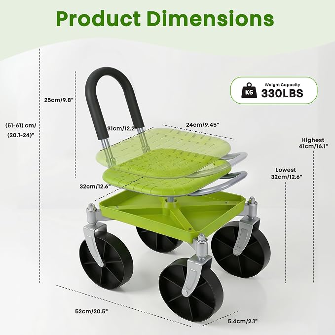 Outdoor Garden Stool with 360° Swivel Caster Wheels, Rolling Garden Cart with 360° Swivel Seat, Height Adjustment, Back Tool Pouch & Under-Seat Tray, Gardening Gifts for Women, Parents, Seniors