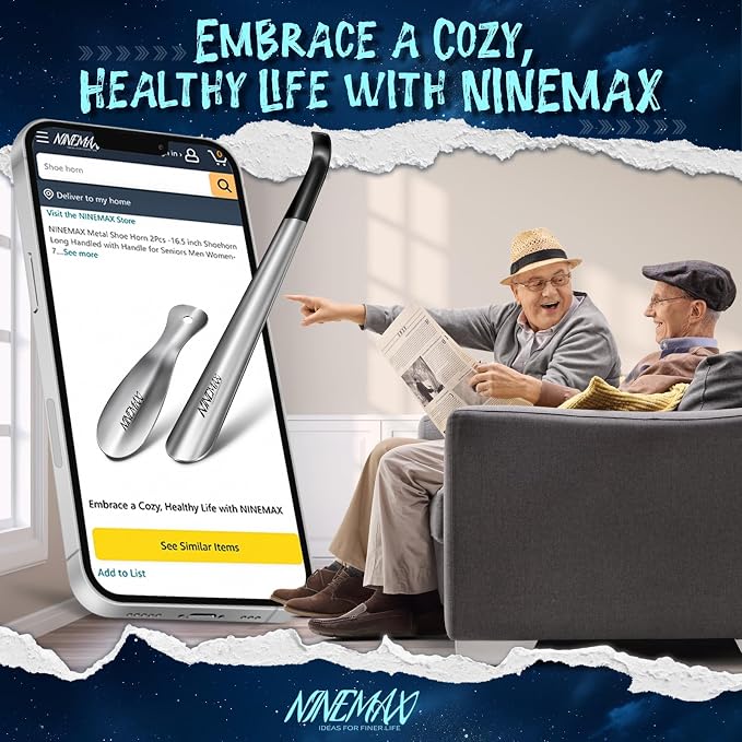NINEMAX Extra Long Handle Shoe Horn (16.5") & (7.5") Travel Shoe Horns, 2 Pack Metal Shoe Horns for Seniors, Men, Women, Kids | 2 Size Shoe Horn Set, Stainless Steel Design, 16.5" Long Handle For Seniors, 7.5" Travel Size Fits Bags, Daily Shoe Helper