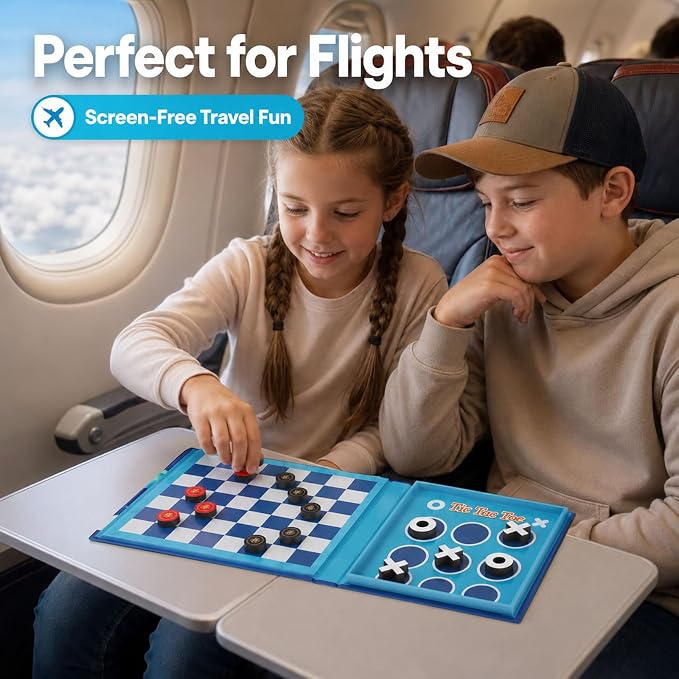 2-in-1 Travel Checkers and Tic Tac Toe Game for Kids Ages 8-12, Magnetic Checkers Board Game, Foldable Road Trip and Plane Activities