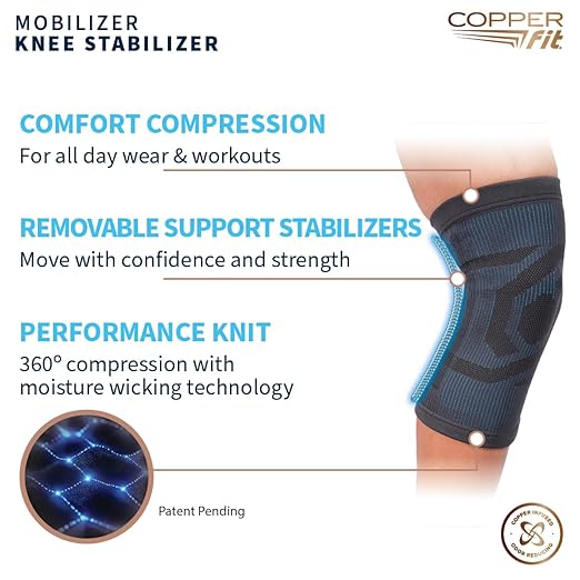 Copper Fit Mobilizer Knee Sleeve – ProSeries with Removable Side Stabilizers Knee Support for Advanced Recovery – Mobility, Knee Pain, Swelling, Inflammation, Circulation, Arthritis, Tendonitis (S/M)