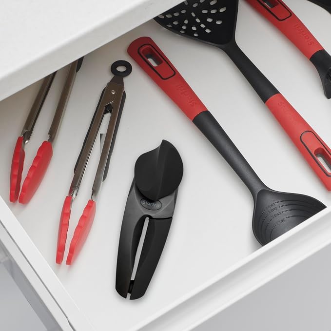 Starfrit MightiCan Can Opener, Safe Smooth-Cut, Comfort Grip, Black | Safe can opener. Holds lid after cutting. No sharp edges. Comfort grip. Non-slip knob. 3-year warranty.