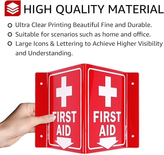GicnKeuz First Aid Sign, 8" x 6" First Aid with Cross Symbol, Two-Sided Acrylic V-Sign for Business or Office or Wall Décor, Including Screws, Easy to Install (4 Pack)