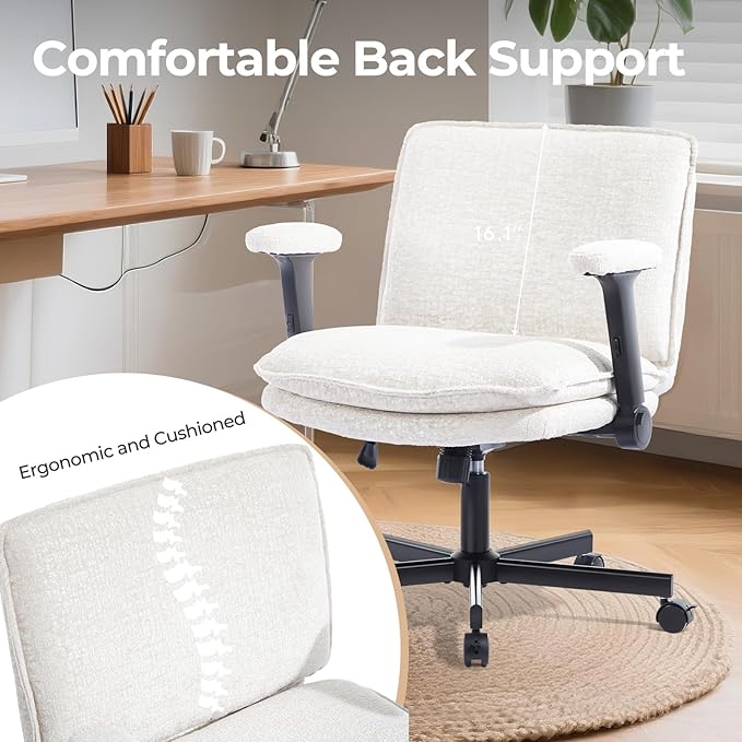 Criss Cross Chair with Flip-Up Arms and Lockable Wheels, Plush Fabric Cross Legged Office Desk Chair，Wider 125°Tilting Adjustable Swivel Chai r for Home, Apartment, Bedroom,Pearl White