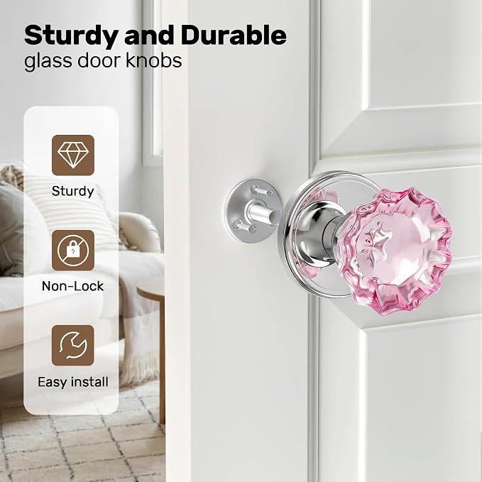 Pink Crystal Glass Dummy Door Knobs Glass Door Knobs Interior | for Closets, French Double Doors, and Pantry, Polished Chrome Non-Turning, 2 Pack