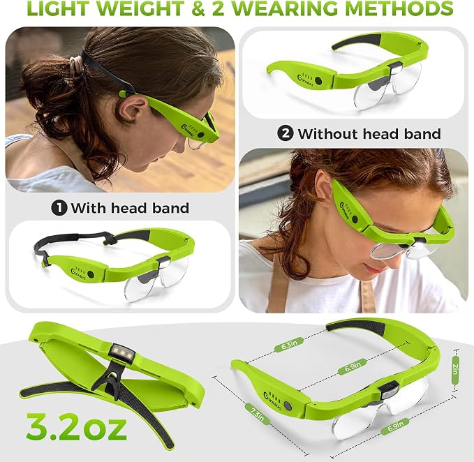 Magnifying Glass with Light, 1.5X-5.0X Magnifying Glasses 4 Lenses | Detachable,Light Weight Acrylic Lens, Rechargeable, Adjustable Magnifier Headset, Magnify Glasses for Close Work Crafts Hobby