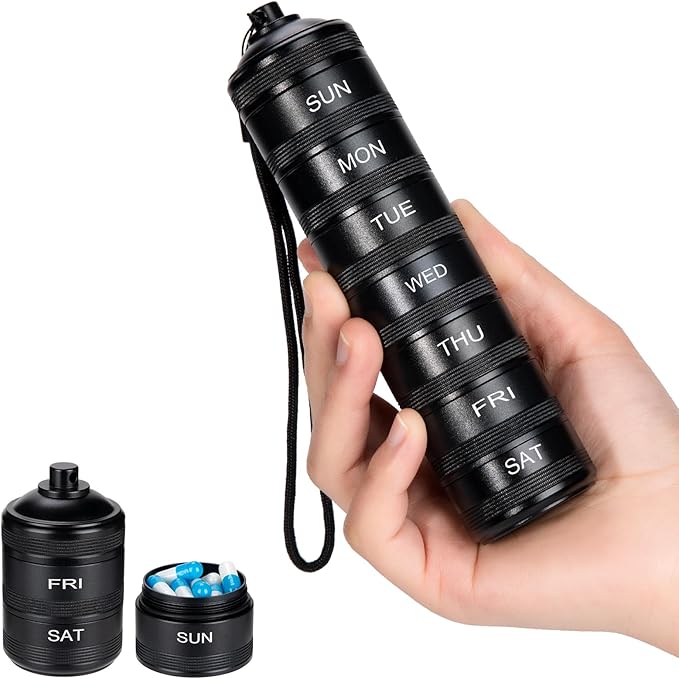 Weekly Metal Travel Pill Organizer - 7 Day Pill Box, Waterproof Pill Case, Aluminum Alloy Pill Container, Portable Pill Holder for Medicine, Supplement, Fish Oil