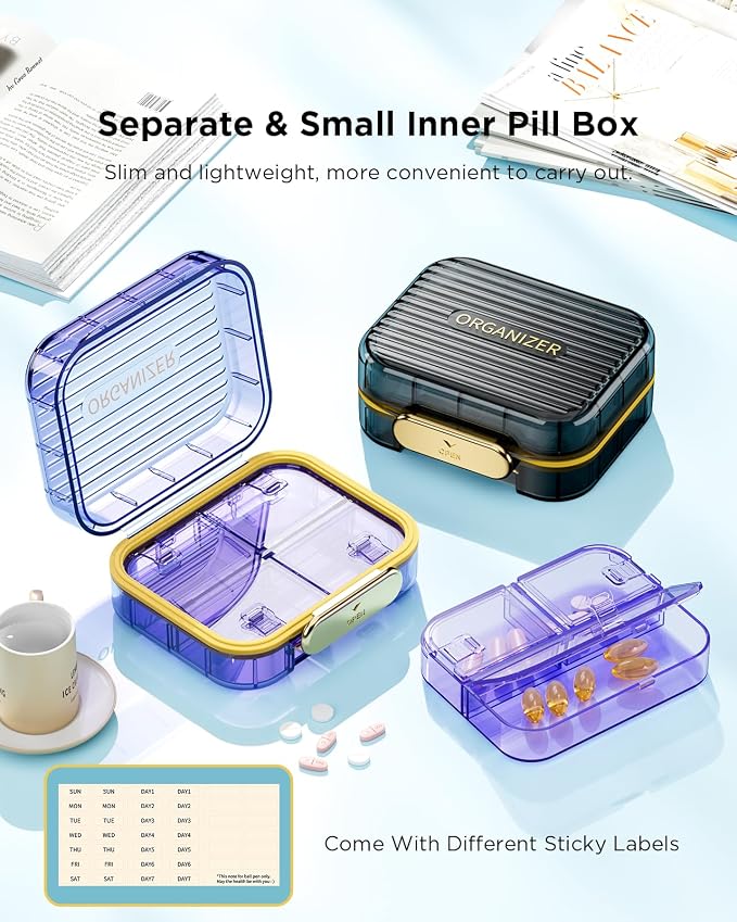 Acedada Small Pill Box, Travel Pill Organizer, Compact 7-Compartment Moistureproof Pill Case for Purse, Chic Daily Pill Container, Portable Medicine & Vitamin Holder for Fish Oil & Supplements, Purple