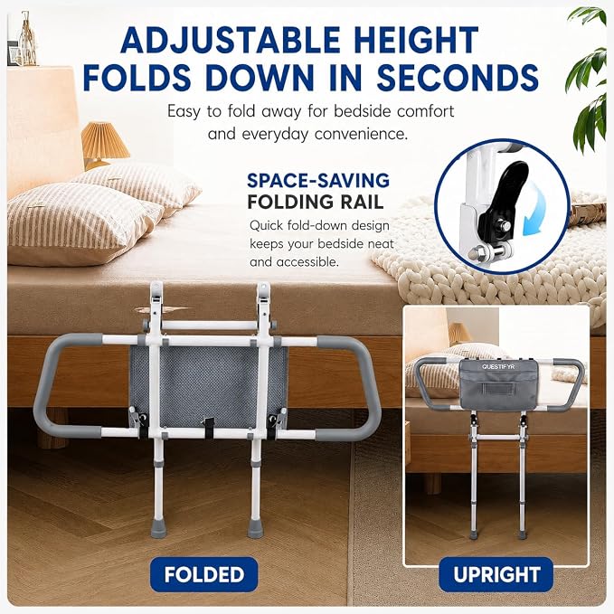 Bed Rails for Elderly Adults, ASTM Compliant Foldable Bed Assist Rail | 350 lb support, motion sensor light, storage bag, adjustable height, fits Twin, Full, Queen and King beds
