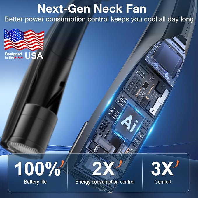 Portable Neck Fan, 6 Speeds Rechargeable Personal Fan with AI Chips, Hands-Free 360° Faster Cooling Wearable Fan, Ultra Quiet for Home, Office, Travel, Indoor, Outdoor - Black