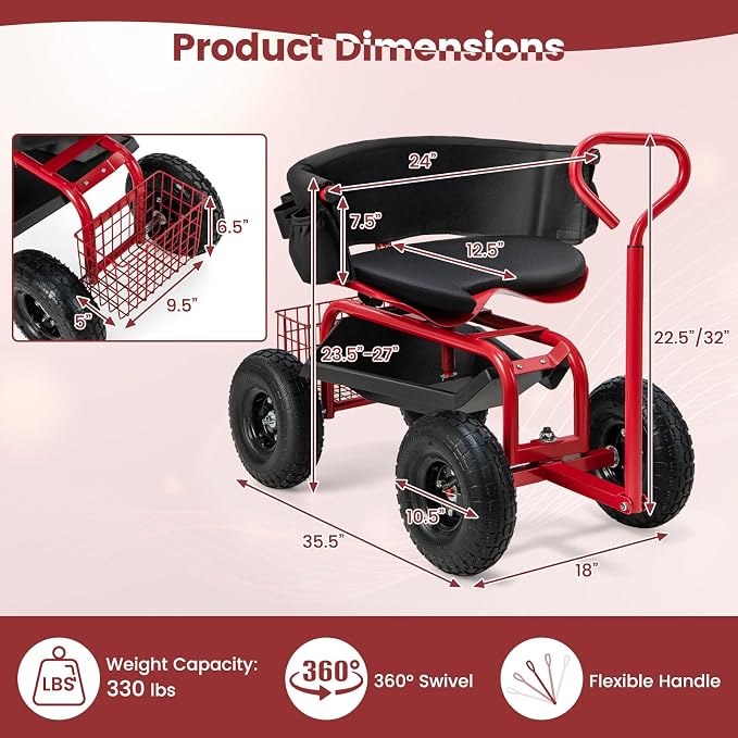 Garden Cart with Seat, Heavy-Duty Rolling Wagon Scooter with Wheels, Height Adjustable & 360° Swivel Seat, Storage Tray, Basket & Handle, Outdoor Gardening Work Seat for Patio Yard(Green)