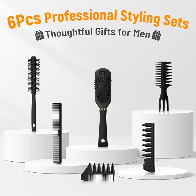 SALONSILK 6PCS Mens Hair Brush & Styling Comb Set | Fine & Wide Tooth Comb, Roller and Gel Hair Brush for Men, Professional Barber Tools for All Hair Types