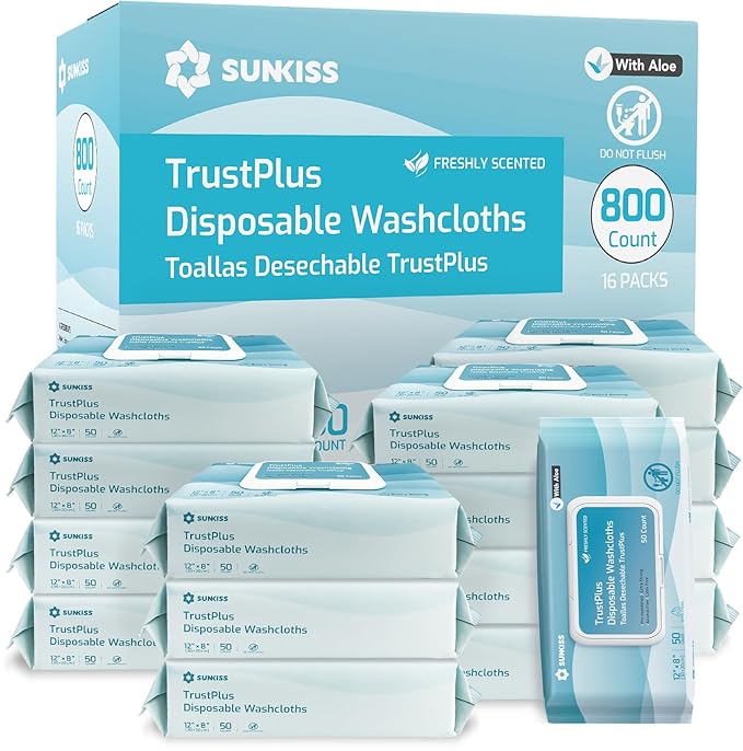 SUNKISS Trustplus Wet Wipes for Adult No Rinse, Extra Large 8”x12” Body Cleaning Washcloths for Elderly Incontinence & Cleansing, Fresh Scented, 800 Count (16 Packs of 50)