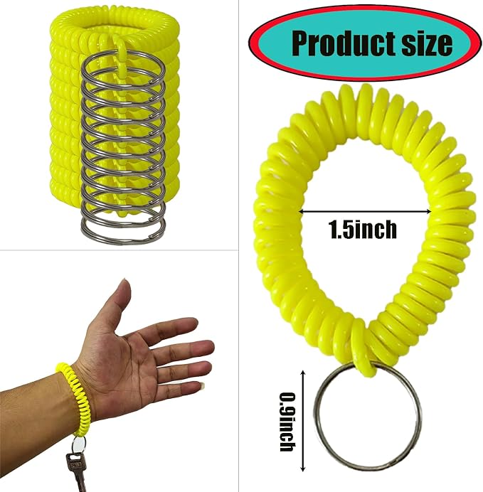 10 Pieces Wrist Coil Keychain Spiral Key Ring, Lemon Yellow | Wristband Bracelet Key Holder for Pool Gym ID Badge