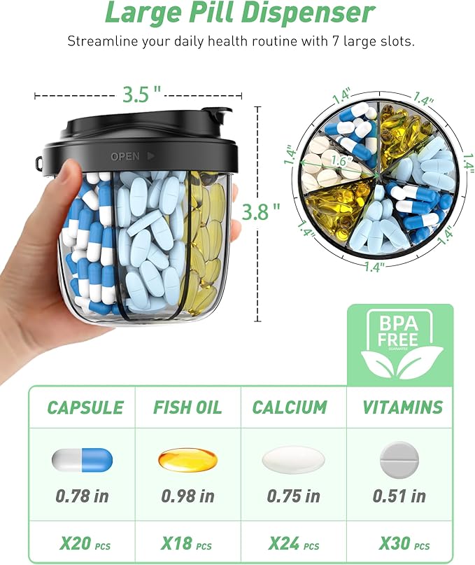 Pill Organizer,Pill Dispenser with 7 Large Compartments,Portable Pill Box for Travel Essentials,Anti-Mix Design & Wide Opening Design,Easy Access to Vitamin Dispenser,Includes 20 Blank Stickers（Black）